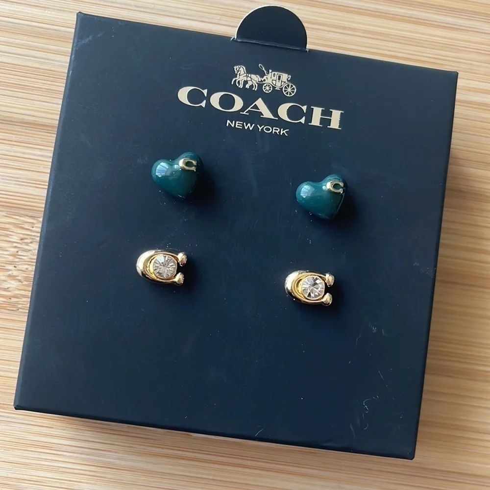 Brand New Coach Set of Two Post Earrings Heart Gold Tone Signature “C”